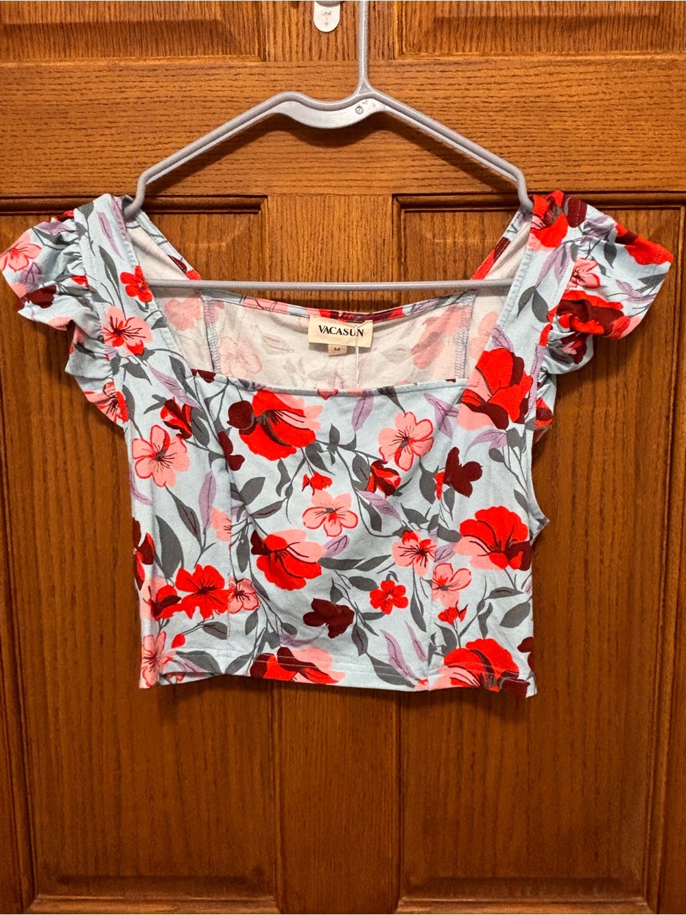 Light Blue Floral Ruffle Sleeve Crop Top